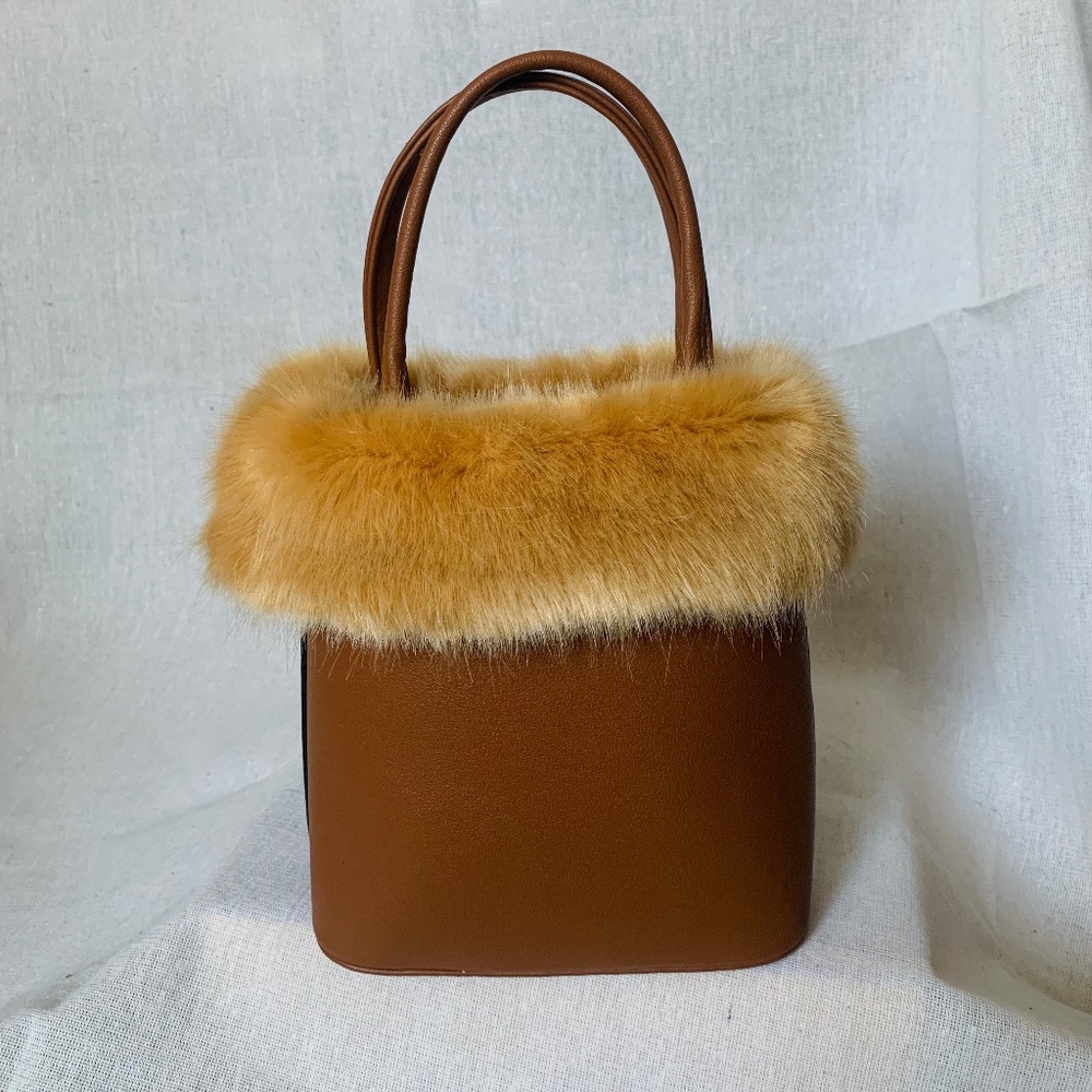 Vegan Leather/ Faux Fur Top Handle Handbag - Cognac Brown - Picture 5 of 6
